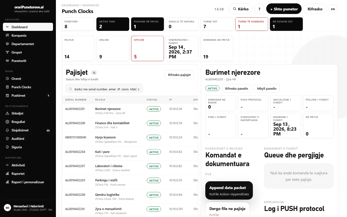 Ekrani i Punch Clocks: lista e pajisjeve ZKTeco të lidhura, statusi online/offline dhe të dhënat e sinkronizimit për secilën