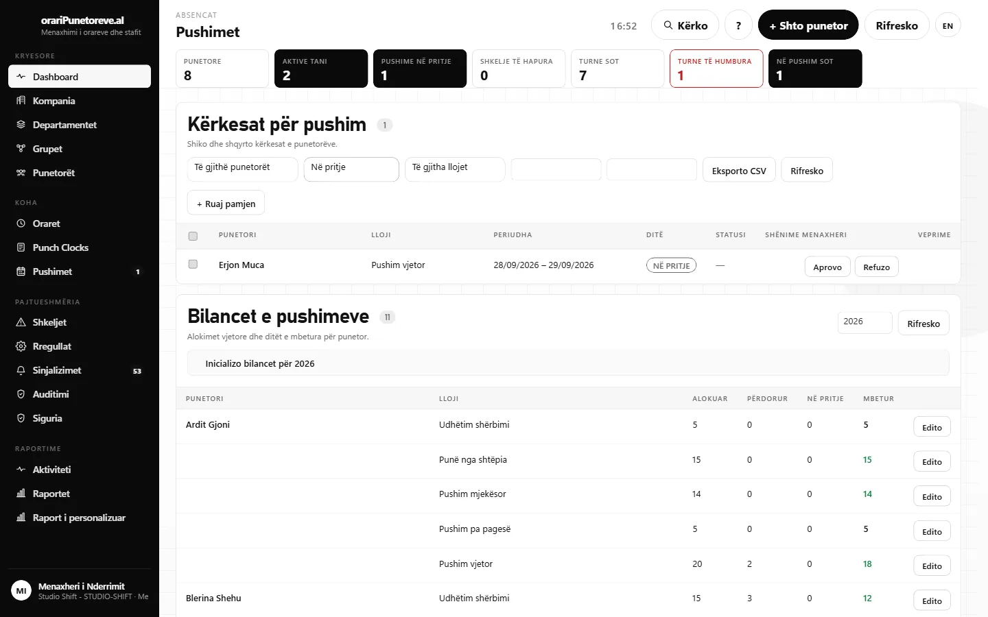 Ekrani i Pushimet: kërkesa pushimi në pritje me bilancin e punëtorit dhe buton aprovimi